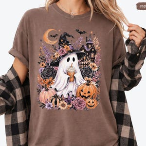 Comfort Colors Halloween Graphic Tee, Witchy Ghost with Wildflowers T-Shirt, Ghost with Coffee Shirt, Spooky Pumpkin Patch Haunted House