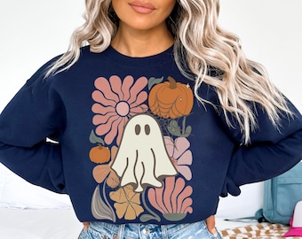 Yihaojia Embroidered Halloween Sweatshirt - Spooky Season Ghost Graphic Pullover For Women, Fall Casual Top