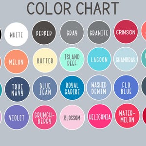 May include: A color chart featuring a variety of colors, each displayed in a circular shape with the color name in white text. Colors include black, white, gray, red, and various shades of blue, green, and pink.