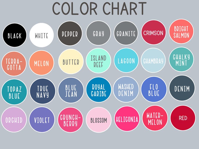 May include: A color chart featuring a variety of colors, each displayed in a circular shape with the color name in white text. Colors include black, white, gray, red, and various shades of blue, green, and pink.