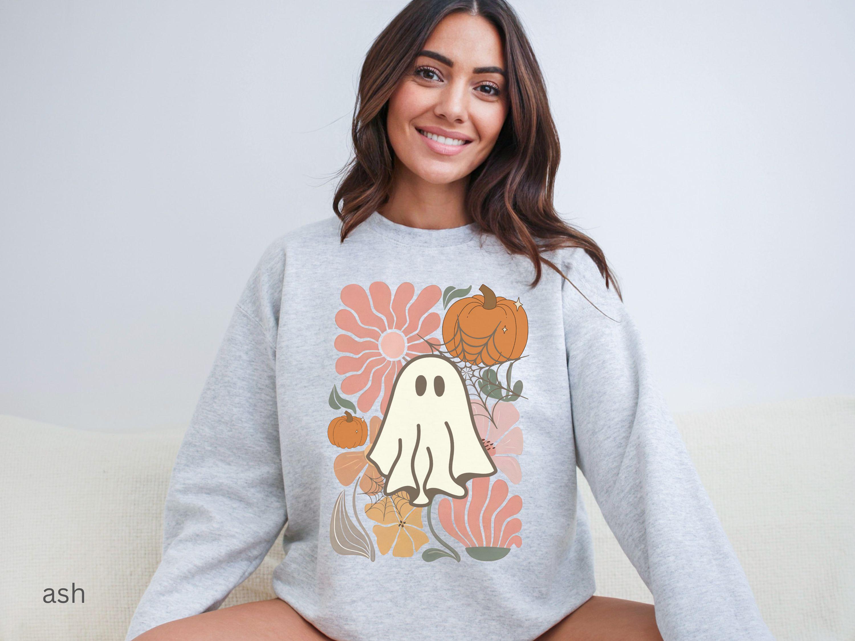 Yihaojia Embroidered Halloween Sweatshirt - Spooky Season Ghost Graphic Pullover For Women, Fall Casual Top - View #10