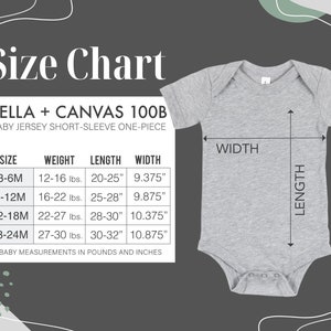 May include: Size chart for Bella + Canvas 100B baby jersey short-sleeve one-piece. The chart shows sizes from 3-6 months to 18-24 months, with corresponding weight ranges in pounds and length and width measurements in inches.