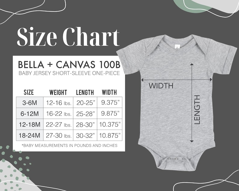 May include: Size chart for Bella + Canvas 100B baby jersey short-sleeve one-piece. The chart shows sizes from 3-6 months to 18-24 months, with corresponding weight ranges in pounds and length and width measurements in inches.
