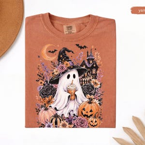 Comfort Colors Halloween Graphic Tee, Witchy Ghost with Wildflowers T-Shirt, Ghost with Coffee Shirt, Spooky Pumpkin Patch Haunted House