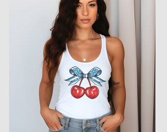 Coquette 4th of July Shirt, Bow Cherry American Flag Tank Top, Coquette Fourth of July, Retro Vintage Independence Day Womens Shirt, USA