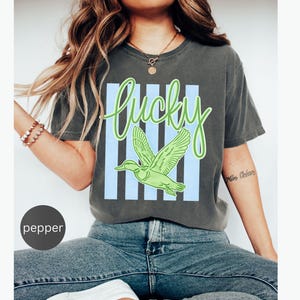 May include: A dark gray t-shirt with the word "Lucky" in green script above a green duck graphic. The word and duck are set against a light blue striped background. The shirt is a casual style.