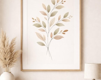Botanical Wall Art Printable, Minimalist Leaf Illustration, Neutral Earthy Plant Print, Modern Organic Home Decor, Digital Download