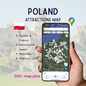 Pode incluir: Um smartphone exibe um mapa da Polónia com pinos de localização, intitulado "Poland Attractions Map". A imagem inclui a bandeira polaca, uma lista de atrações e o texto "Your Travel Buddy".