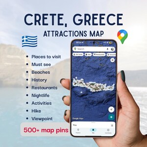 May include: A smartphone displaying a map of Crete, Greece, with the text "Crete, Greece Attractions Map." The map shows numerous points of interest, including places to visit, beaches, and restaurants. The image also includes the text "Your Travel Buddy."