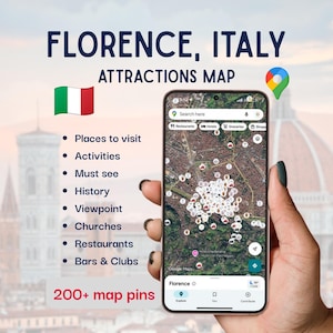 Può includere: Uno smartphone mostra una mappa di Firenze, Italia, con oltre 200 segnaposti. L'immagine include la bandiera italiana, un segnaposto di Google Maps e testo che elenca attrazioni come luoghi da visitare, attività e ristoranti. È visibile anche il testo "Your Travel Buddy".
