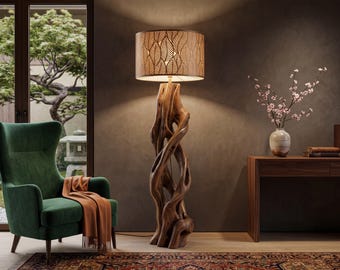 Lámpara de pie grande de madera flotante, lámpara de pie escultural de raíz, lámpara alta de rama orgánica, decoración rústica costera para el hogar, lámpara de madera artesanal única
