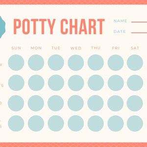 Könnte beinhalten: Eine Töpfchen-Tabelle mit hellpfirsichfarbenem Hintergrund und korallenfarbenem Rand. Die Worte "Potty Chart" sind korallenfarben. Es gibt vier Reihen hellblauer Kreise zur Fortschrittsverfolgung. Die Tabelle enthält Platz für Name und Datum.