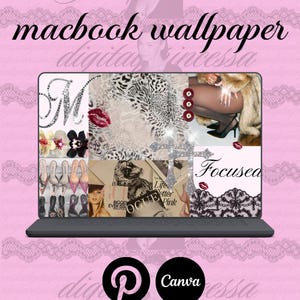 May include: A digital art design featuring a Macbook wallpaper with a collage of images, including a bedazzled letter "M", leopard print, and the word "Focused". The background is pink with the text "digitas incessa".