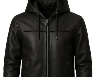 Men’s Black Hooded Leather Bomber Jacket | Real Lambskin Genuine Leather Coat