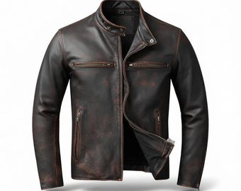 Men’s Cafe Racer Biker Jacket – Handmade Genuine Cowhide Leather Motorcycle Jacket
