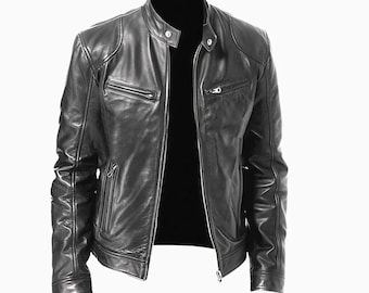 Men’s Cafe Racer Leather Jacket Genuine Sheepskin Black Biker Motorcycle