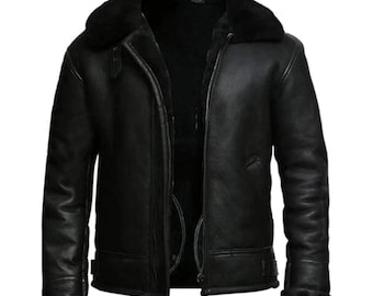 Schwarze Bomber Aviator B3-Jacke für Herren | Echter Schaffell Leder Shearling Pelz Flugmantel
