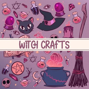 Pode incluir: Ilustração com tema de bruxa em um fundo roxo. A imagem inclui um chapéu de bruxa, um gato preto, frascos de poções, uma bola de cristal, um caldeirão, uma vassoura e o texto "Witch Crafts".