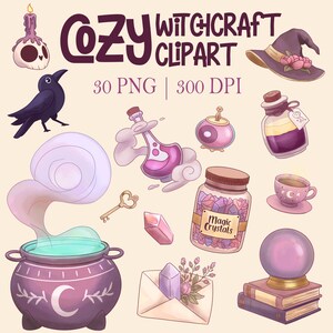Cozy Witchcraft Clipart Bundle – Digital Witch Tools, Magic Elements, Spell Jar, Potion | Magical Clipart Bundle