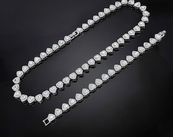 Conjunto de collar y pulsera de tenis con corazón de plata – Joyería de circonitas cúbicas