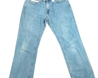 Jeans Levi's 506 W32L34 vintage Upcycled con uncinetto bianco e lamè fatto a mano, denim chiaro, personalizzato a mano in stile Boho chic