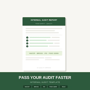 Può includere: Un documento digitale intitolato "RAPPORTO DI AUDIT INTERNO" con il testo "SICUREZZA ALIMENTARE QUALITÀ". Il documento include punti elenco e il testo "HACCP BRCGS IFS FSSC 22000". Sotto, il testo recita "SUPERA IL TUO AUDIT PIÙ VELOCEMENTE" e "MODELLO DI AUDIT INTERNO".