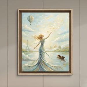 Puede incluir: Pintura enmarcada que representa a una mujer con un vestido fluido, con los brazos extendidos, con un globo aerostático y pájaros en el cielo. La obra presenta un barco en el agua, con la Torre Eiffel y pirámides al fondo. La paleta de colores incluye azules, amarillos y blancos.