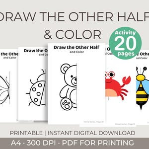 以下が含まれることがあります： 「DRAW THE OTHER HALF & COLOR」のテキストが入った、印刷可能なアクティビティセット。 蝶、てんとう虫、クマ、カニ、ハチのイラストが描かれた20ページが含まれています。 ページは描画と着色用に設計されています。
