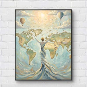 May include: A framed artwork depicts a woman with outstretched arms, standing before a world map. White birds fly towards the sun, with hot air balloons in the sky. The color palette includes blues, greens, and yellows.