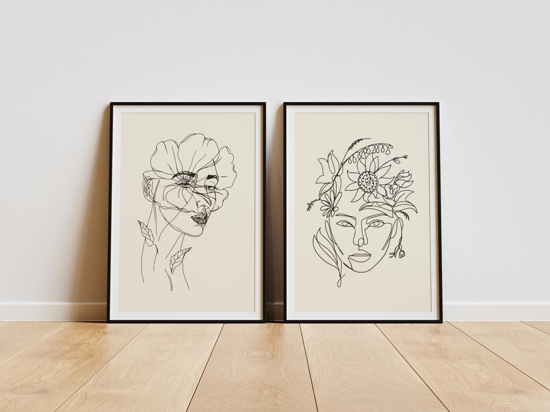 Set of 2 Floral Woman Printable Wall Art | Abstract Minimalist Line ...
