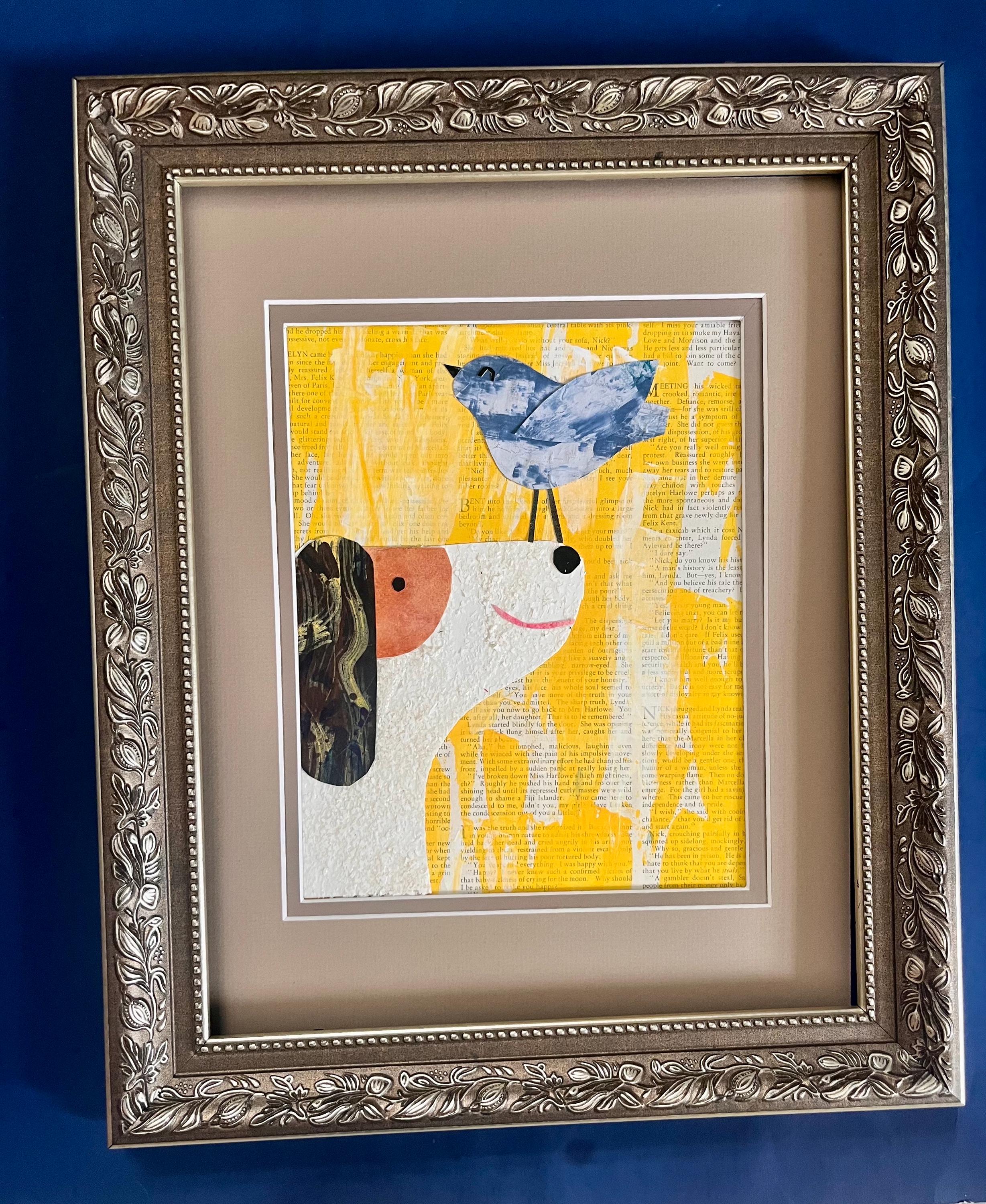 Dog and Bird Paper Collage Art, Matted 11x14 Whimsical cut paper Decor