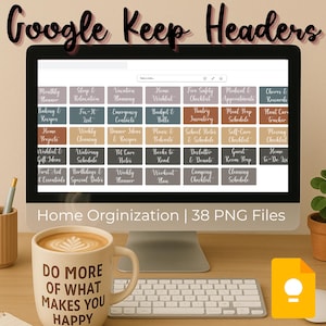May include: A computer screen displaying 38 Google Keep headers for home organization. The headers are in various colors and fonts, with titles such as "Monthly Planner", "Sleep & Relaxation", "Vacation Planning", "Home Wishlist", "Fire Safety Checklist", "Medical & Appointments", "Chores & Rewards", "Baking & Recipes", "Fix-It List", "Emergency Contacts", "Budget & Bills", "Pantry Inventory", "Meal Prep Schedule", "Plant Care Tracker", "Home Projects", "Weekly Cleaning", "Dinner Ideas & Recipes", "Music & Podcasts", "School Notes & Schedule", "Self-Care Checklist", "Moving Checklist", "Wishlist & Gift Ideas", "Watering Schedule", "Pet Care Notes", "Books to Read", "Declutter & Donate", "Guest Room Prep", "Home To-Do List", "First Aid & Essentials", "Birthdays & Special Dates", "Weekly Planner", "Workout Plan", "Camping Checklist", and "Cleaning Schedule".