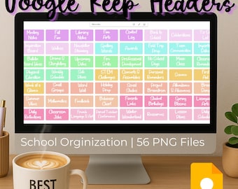 May include: A computer screen displaying a Google Keep note with 56 colorful headers for school organization. The headers are in a grid pattern and include topics such as "Meeting Notes", "Fall Fun", "Library Notes", "Fine Arts", "Co-Curricular Log", "Back to School", "Celebrations", "Tip List", "Bulletin Board", "Writing Workshop", "Newsletter", "Spelling Words", "Awards", "Field Trip", "Team Communication", "Important Dates", "Second Ideas", "Drama/Storytelling", "Upcoming Dates", "Fire Drills", "Professional Development", "No School Days", "Music Class", "Classroom Observations", "First Aid", "Educational Ideas", "Weekly Schedule", "Sub Plans", "STEM Challenges", "Concerts & Assemblies", "Personal Reminders", "Science", "First Aid", "Week at a Glance", "Small Groups", "Word Wall", "Holiday Prep", "Social Studies", "Project Brainstorm", "Attendance & Absences", "Brain Dump", "Summer Vibes", "Mathematics", "Feedback", "Behavior Chart", "Favorite Links", "Student Birthdays", "Spring Blooms", "Language Arts", "Daily Reflections", "Classroom Jokes", "Friends Language & Art", "Parent Teacher Conferences", "Walker Wonderland", "Resources", "Lesson Plans", "Daily Schedule".