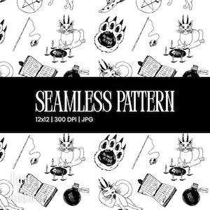 Pode incluir: Um padrão contínuo com ilustrações de linhas a preto e branco de gatos com chifres, livros de feitiços abertos, frascos de poções e pegadas com o texto As sweet as a spell. O design inclui símbolos ocultos e canas de pesca.
