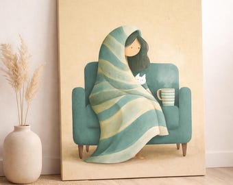 Cozy Cat Illustration Wall Art | Soft Withdrawal, Quiet Life Poster (Digital Download)