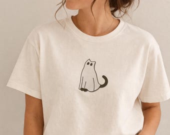 Ghost Cat Shirt | Minimalist Boxy Cropped Tee, Introvert Humor T-Shirt