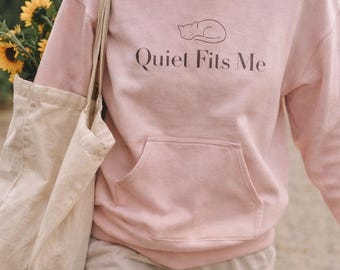 Quiet Fits Me hoodie | Minimal Sleeping Cat illustration, neutral cozy sweatshirt
