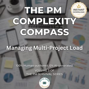 Puede incluir: Una guía digital titulada THE PM COMPLEXITY COMPASS: Managing Multi-Project Load. El texto indica 100% Human-authored. 0% AI-generated. VOLUME 3 OF THE PM SURVIVAL SERIES. Incluye una insignia de INSTANT DOWNLOAD y un logotipo de DGTAL GUIDE TREASURES.
