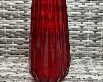 Vintage Ruby Red Art Glass Vase | Faceted Mid-Century Decor