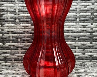 Vintage Ruby Red Ribbed Art Glass Vase | Mid-Century Modern Sculptural Decor | Heavy Decorative Glass