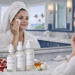 Puede incluir: Una mujer con una bata y toalla blancas se aplica productos para el cuidado de la piel frente a un espejo. La vanidad muestra tres botellas blancas de productos para el cuidado de la piel JUNO, una granada a la mitad y miel. Los productos incluyen un s&eacute;rum hidratante, t&oacute;nico y limpiador facial.