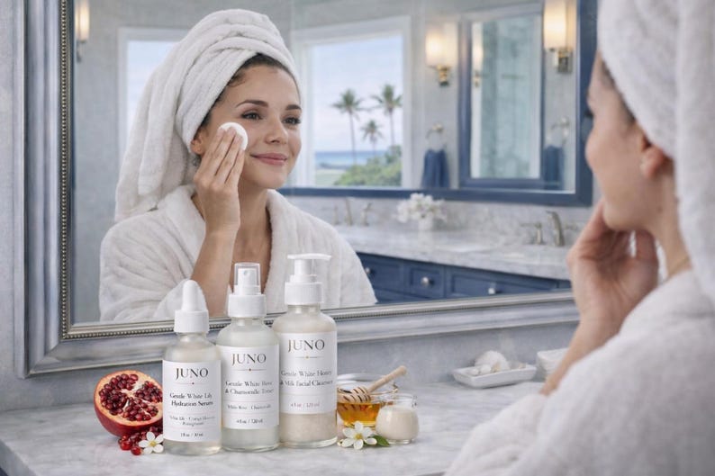 Puede incluir: Una mujer con una bata y toalla blancas se aplica productos para el cuidado de la piel frente a un espejo. La vanidad muestra tres botellas blancas de productos para el cuidado de la piel JUNO, una granada a la mitad y miel. Los productos incluyen un s&eacute;rum hidratante, t&oacute;nico y limpiador facial.