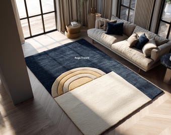 Navy Blue Cream Abstract Rug | Hand Tufted Wool Carpet | Modern Geometric Area Rug