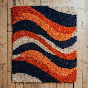 Retro Wavy Tufted Rug | Navy Orange Cream | Handmade Boho Carpet