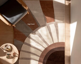Modern Sunburst Geometric Neutral Brown, Cream Rug | Handmade Tufted Living Room