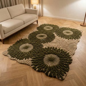 Green Floral Wool Rug | Hand Tufted Area Carpet | Textured Organic Shape Teppich