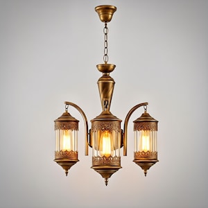 Lámpara de techo tipo farol vintage – Acabado en latón antiguo, lámpara de techo de 3 luces con cálida luz Edison.