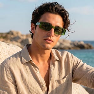 May include: A person wearing green rectangular sunglasses. The sunglasses have a dark tint and a thick frame. The person is wearing a beige button-down shirt and white pants. The background includes rocks and the ocean.