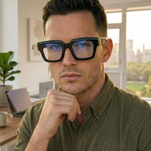 May include: Black square-framed spectacles with gold detailing. The glasses feature a thick, bold frame and blue-tinted lenses. The person in the image is wearing a green button-down shirt.