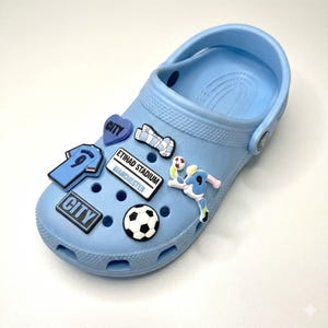 City Inspired Sky Blue Football Shoe Charms | Manchester Soccer Clog Pins | Sports Team Fan Gift | Blue and White Croc Accessories